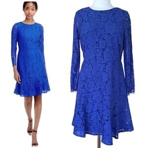 J CREW Cobalt Blue Floral Lace Long Sleeve Dress Size 10 Party Wedding Guest